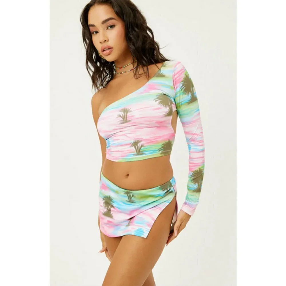 💕FRANKIES BIKINIS💕 Tina One Shoulder Bikini Top ~ Palmz Print Large L NWT